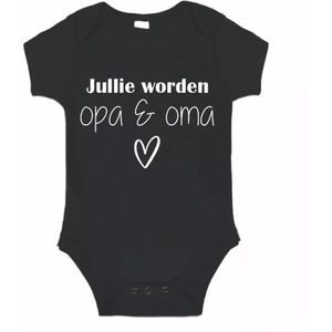 Soft Touch Rompertje (zwart) met witte Tekst - Jullie worden Opa & Oma met Hartje | Baby rompertje met leuke tekst | | kraamcadeau | 0 tot 3 maanden | GRATIS verzending