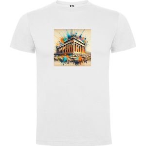 Wit T-Shirt met “ Kleurrijke Akropolis Athene“ Print Full Color Maat S