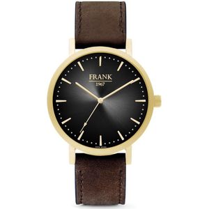 Frank 1967 7FW 0027 Metalen Horloge met Bruine Leren Band -Doorsnee 42 mm - Zwart/ Goudkleurig