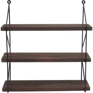 Cosmo Casa - Wandplank - Industriële Hangplank met 3 Houten Legplanken en Metalen Frame - Donkerbruin, 40x40x13cm