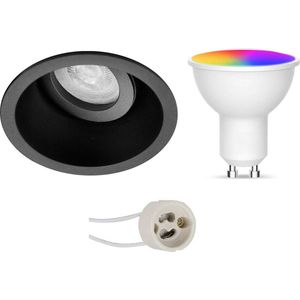 LED Spot Set GU10 - Facto - Smart LED - Wifi LED - Slimme LED - 5W - RGB+CCT - Aanpasbare Kleur - Dimbaar - Afstandsbediening - Pragmi Zano Pro - Inbouw Rond - Mat Zwart - Kantelbaar - Ø93mm