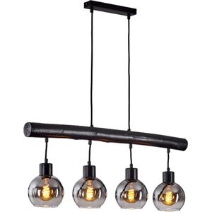 Voue Hanglamp Zwart 4 lichtbronnen - moderne zwarte glazen rokerig houten hanglamp 40 watt - e27 lichts woonkamer verlichting - boho-stijl retro vintage zwarte hanglamp hoogte van 120 cm rechthoekige hanglamp