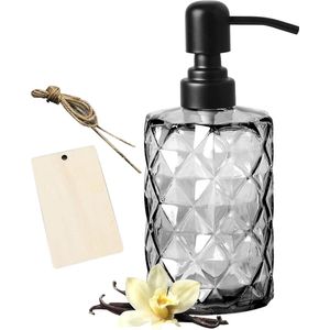 Zeepdispenser van Glas, 350 ml Shampoo Lotion Container, Douchegel Dispenser met 340 Roestvrij Stalen Pomp, Navulbare, voor Toilet, Badkamer, Hotel, Keuken - Zwart met Houten Label