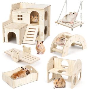 Hamsterspeelgoed, 6 stuks houten hamsterhuisspeelgoed voor hamsters, houten hamsterkauwspeelgoed, hamsterschuilplaatshuistrainingsspeelgoed voor chinchilla, cavia's, gerbils, konijnen