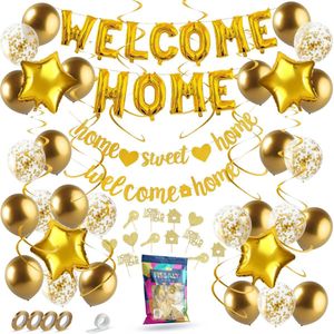 Fissaly Welkom Thuis Gouden Versiering ��– Welcome Home Decoratie - Suprise Party – Inclusief Ballonnen, Slingers, Vlaggenlijn, Caketoppers & Accessoires