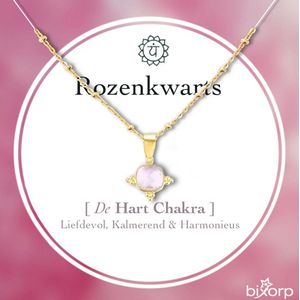 Bixorp Gems Gouden Dames Ketting met Rozenkwarts hanger - Hart Chakra - 18 Karaat Verguld Goud & Roestvrij Staal - 36cm + 8cm verstelbaar