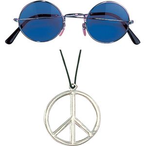 Widmann - Hippie Flower Power verkleed set peace ketting en ronde blauwe glazen party bril