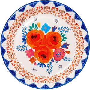 Cactula Blauwe en oranje bloemen Boho feestbordjes van papier  (12 stuks)