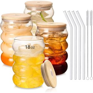 Geribbelde drinkglazen set van 4, 18 oz geribbelde glazen, waterglazen, ijskoffieglazen met rietje, vintage golfglazen drinkglazen, longdrinkglazen, cocktailglazen voor melk, frisdrank