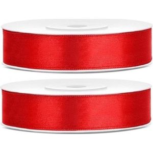 2x Satijn sierlint rollen rood 12 mm - Sierlinten - Cadeaulinten - Decoratielinten