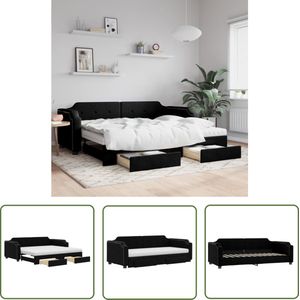 The Living Store Slaapbank met onderschuifbed en lades 90x200 cm stof zwart - Slaapbank - Sofa Bed - Tweepersoonsbed - Boxspring - Opbergsysteem