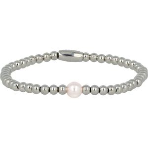My Bendel Elastische zilverkleurige armband met grote roze parel - Elastische zilverkleurige kralenarmband met een roze parel - Met luxe cadeauverpakking