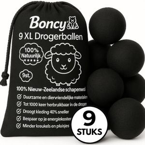 Boncy® Premium Drogerballen - 9 XL Droogballen voor Wasdrogers - 100% Nieuw Zeelandse Schapenwol Wasdrogerballen - Energiebesparend & Duurzaam Cadeau - Wasballen voor Wasdroger Droogtrommel - Dryer Balls Wol Droger Ballen - Zwart