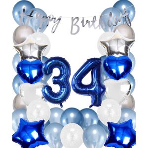 Snoes Ballonnen 34 Jaar Set Mega Blauw Zilver Ballon - Compleet Feestpakket Cijferballon 34 Jaar - Verjaardag Versiering Slinger Happy Birthday – Folieballon – Latex Ballonnen - Helium Ballonnen