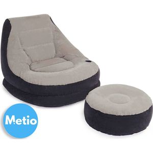 Metio – Opblaasbare Loungestoel met Voetenbank – Comfortabele Relaxfauteuil, Waterdicht & Ruimtebesparend – Grijs/Zwart