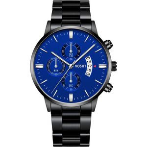 Vosht Black Blue Steel - Heren Horloge - Staal - Zwart Blauw