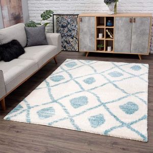 Tapijt Shaggy hoogpolig - etnische stijl 120x160 cm blauw crème - moderne woonkamertapijten