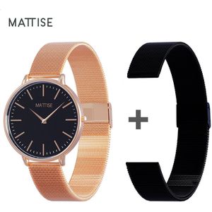 MATTISE Rosé Goud RVS Horloge met Rosé Goud en Zwart Staal Gewoven Horlogebandjes - 38mm Ø Quartz Uurwerk - Horloges voor Vrouwen Dames