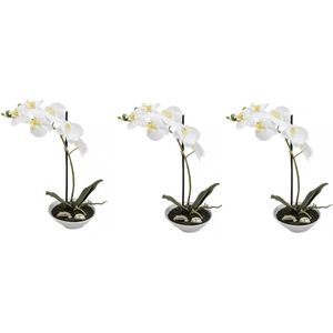 3x Kunstplanten in pot witte orchidee 38 cm - Vlinderorchidee/Phalaenopsis wit - Nepplanten