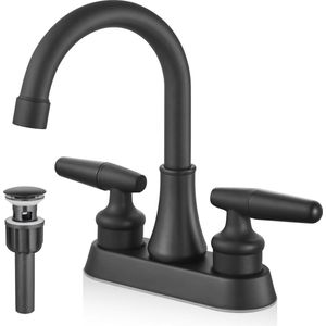 Mat zwarte 4 inch centerset wastafel kraan met 2 handvatten en draaibare uitloop voor moderne badkamers
