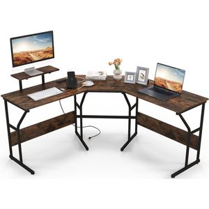 COSTWAY Bureau L-vorm, omkeerbaar hoekbureau met monitorstandaard en laadstation, hoektafel, gaming-computertafel, kantoortafel voor thuiskantoor (rustiek bruin)