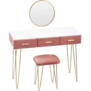 OxyFlowzy® - Moderne Kaptafel met Ronde Spiegel – Kaptafel Set – Cosmetica Spiegel – Cosmetische Tafel – Inclusief Spiegel en Krukje – Velvet – Fluweel – Roze, Goud – 3 Lades
