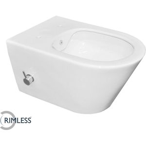 Saqu Wash 2.0 Randloos Hangtoilet - met Koud Water Bidetkraan 35,5x53 cm - Voorgemonteerd - Wit - WC Pot - Toiletpot - Hangend Toilet