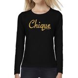 Chique goud glitter tekst t-shirt long sleeve zwart voor dames- zwart shirt met lange mouwen en gouden chique tekst voor dames XL