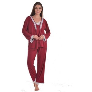 Dames Katoen Pyjama | 4-delige set | Katoen nachtkleding | Katoen nachthemd | Elegant Katoen Ochtendjas | Cadeau voor dames | Kleur: bordeaux | maat: L