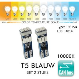 2x T5 CANBus Led Lamp 2-Pack | Blauw | Blue| 10000k | 315 Lumen | 4014 LED | Type T9L315B | 12V | 9 SMD | Verlichting | W3W W1.2W Led Auto-interieur Verlichting Dashboard Warming Indicator Wig auto Instrument Lamp | Autolampen | 10000 Kelvin |