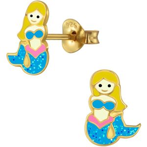Joy|S - Zilveren zeemeermin oorbellen - glitter blauw - gold plated