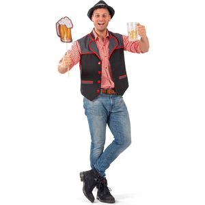 Funny Fashion - Boeren Tirol & Oktoberfest Kostuum - Liefde Voor Bier Vest Man - Rood, Grijs - Maat 60-62 - Bierfeest - Verkleedkleding