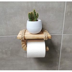 Toiletrolhouder met houten plank en touw - voor telefoon of decoratie
