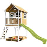 AXI Sarah Speelhuis in Bruin/Wit - Met Verdieping, Limoen Groene Glijbaan en Zandbak - Speelhuisje voor de tuin / buiten - FSC hout - Speeltoestel voor kinderen