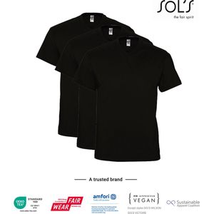 3 Pack SOLS V-hals, Heren T-Shirt 100% katoen V-hals, Zwart, Maat XL