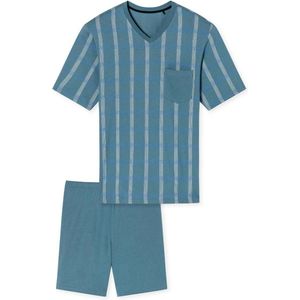 SCHIESSER Comfort Nightwear pyjamaset - heren pyjama short organic cotton V-hals borstzak blauw-grijs geruit - Maat: M