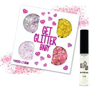 GetGlitterBaby® - Glitter Set Chunky Festival Glitters voor Lichaam en Gezicht Glitterset / Face Body Glitterlijm Tattoo / Gel Glittergel - 4 Potjes - en Glitter Lijm HuidLijm Zilver / Wit / Roze