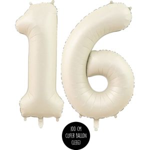 Cijfer Helium Folie ballon XL - 16 jaar cijfer - Creme - Satijn - Nude - 100 cm - leeftijd 16 jaar feestartikelen verjaardag