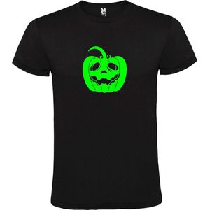 Zwart T-Shirt met “ Halloween Pompoen “ afbeelding Neon Groen Size XL