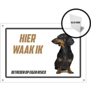 Waakbord/ bord alu di-bond | ""Hier waak ik"" | 30 x 20 cm | Teckel | Aluminium bord | Met 4 boorgaten | Waakhond | Pet | Hond | Betreden op eigen risico | Gevaarlijke hond | Afschrik | Mijn huisdier | Roestvrij | 1 stuk