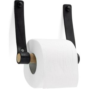 Buffel&Co Toiletrolhouder - Wc papier houder - Wc Rol houder - Hout - Hangend Leer - Zwart