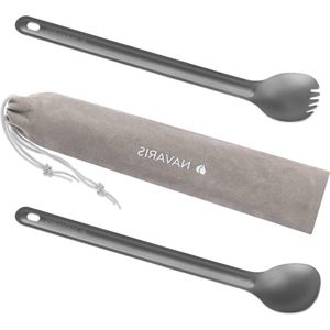 Extra lange handgreep campingbestek van titanium - Bestekset voor onderweg - Lichtgewicht met bewaarzakje.