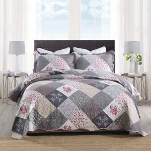 Sprei, patchwork, 220 x 240 cm, van Mirovezel, 3-delige set met kussenslopen, bedsprei, tweepersoonsbed, doorgestikt, bloemen, hoofdkleur in grijs