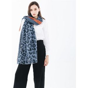 Blauwe dames sjaal met luipaard panter print en oranje stippen - 90 x 180 cm