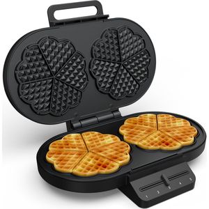 Princess 132384 Dubbel Wafelijzer - 10 hartwafels per sessie - 1200 Watt - Regelbare thermostaat- 5 standen - Anti aanbaklaag - PFas vrij - Zwart - Cool touch handvatten - Indicatielampje