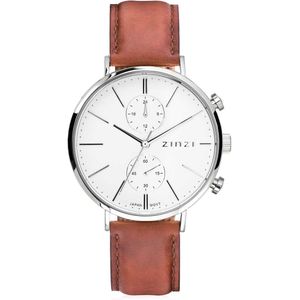 ZINZI Man watch Traveller white witte wijzerplaat stalen kast bruine leren band 39mm dual time ZIW740