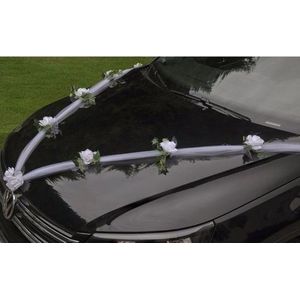 Trouwauto organza lint met roosjes wit/groen - Bruidsauto versiering