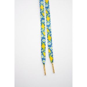 Schoenveters plat - bloemen blauw met geel - 120cm met gouden nestels