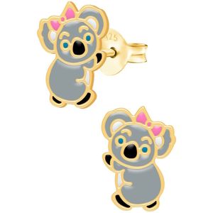 Zilveren oorbellen meisje | Oorbellen kind | Gold plated oorstekers, koala met roze strik
