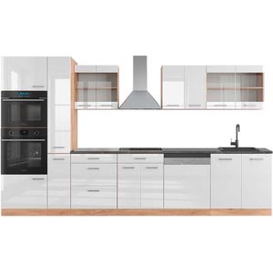 Vicco R-Line Complete keukeneenheid – 350 cm met hoge kast, WB Antraciet Wit hoogglans/goud power eiken met hoge kast, WB Antraciet